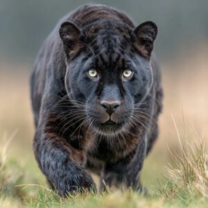 Close-up of a black jaguar walking through grass with an intense stare in a natural outdoor setting.