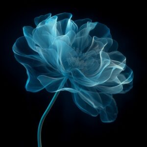 Transparent blue flower with delicate x-ray-style petals glowing against a deep black background.