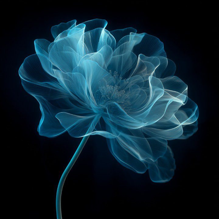 Transparent blue flower with delicate x-ray-style petals glowing against a deep black background.