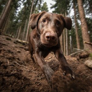 Brown Labrador running fast along a forest trail, captured close-up with motion blur and outdoor energy.