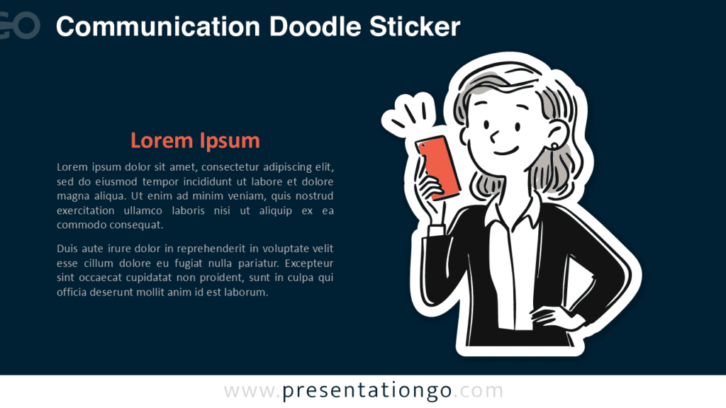 Business Communication Sticker PowerPoint Google Slides Business communication doodle sticker for PowerPoint and Google Slides with a smiling woman holding a smartphone.