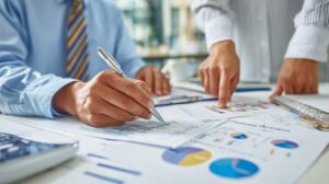 Close-up of colleagues reviewing financial charts and reports during a business planning meeting.