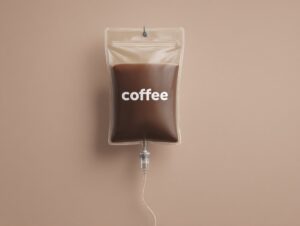Minimalist concept image of an IV bag filled with coffee hanging against a neutral beige background.