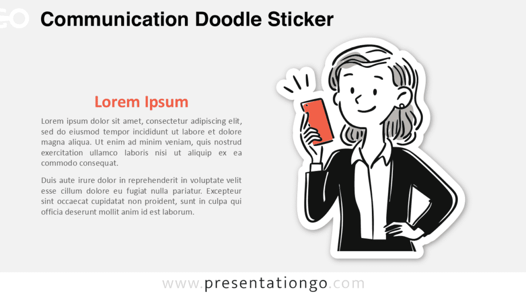Communication Doodle Sticker for PowerPoint and Google Slides showing a business woman waving while holding a smartphone.