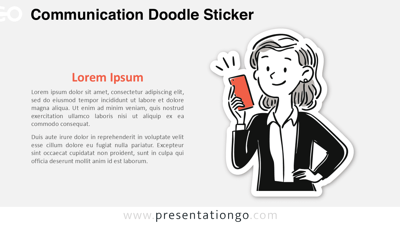 Communication Doodle Sticker for PowerPoint and Google Slides showing a business woman waving while holding a smartphone.