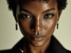 Close-up portrait of a confident Black woman looking directly at the camera with elegant styling and soft lighting.