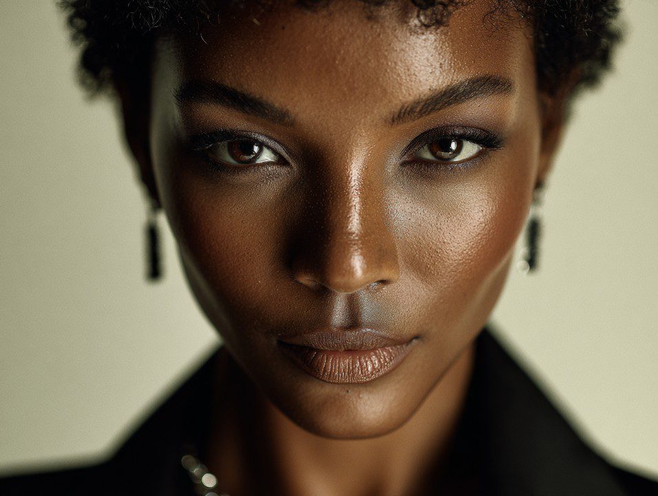Close-up portrait of a confident Black woman looking directly at the camera with elegant styling and soft lighting.