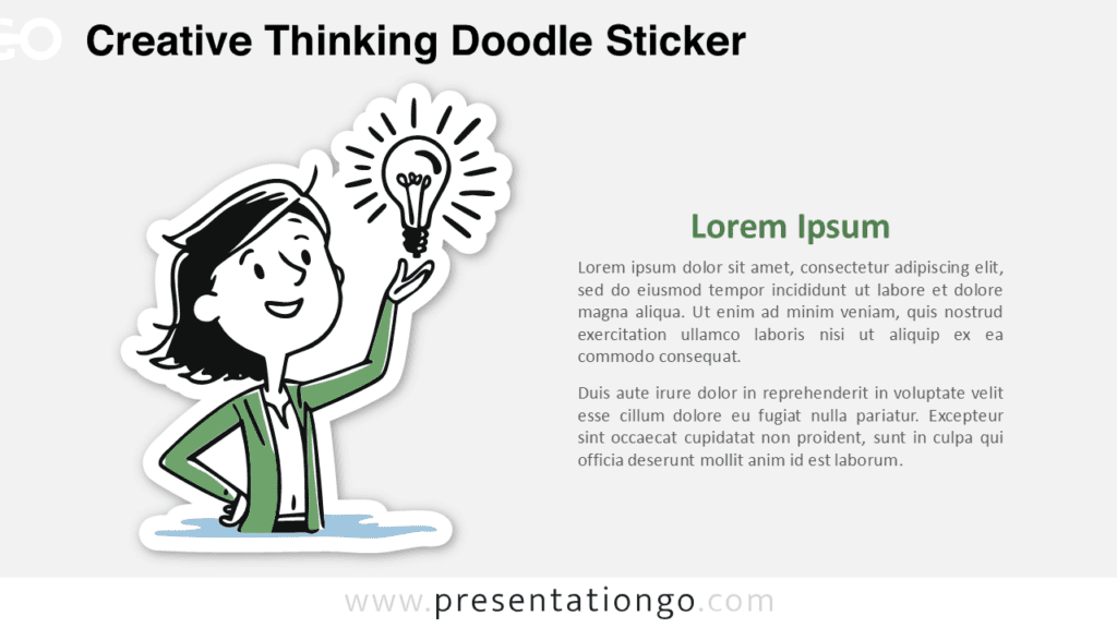 Creative Thinking Doodle Sticker for PowerPoint and Google Slides showing a woman presenting an idea light bulb.