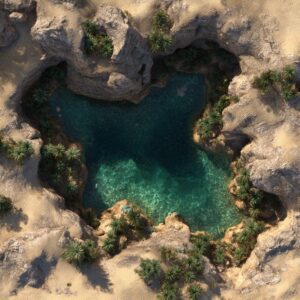 Top view of a turquoise desert oasis surrounded by rocky sand formations and scattered green plants.