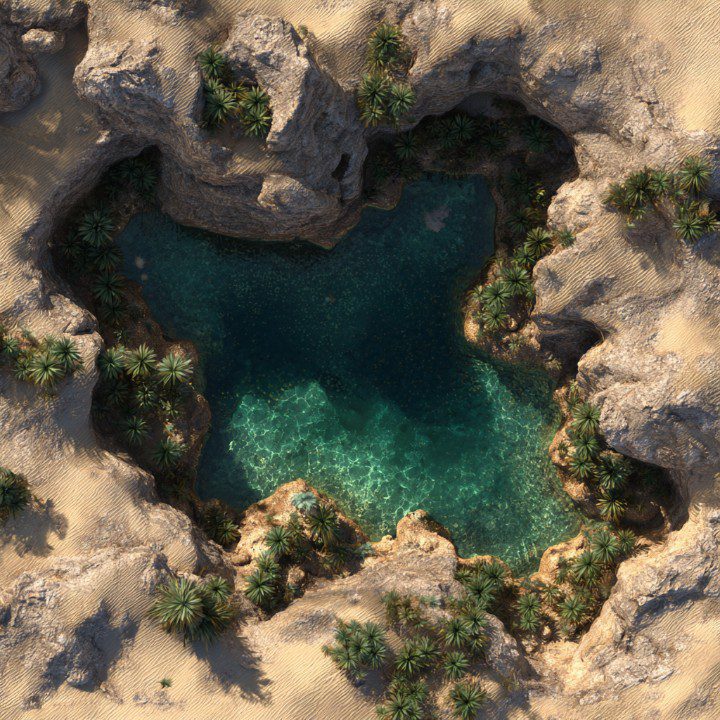Top view of a turquoise desert oasis surrounded by rocky sand formations and scattered green plants.