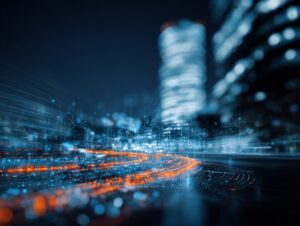 Futuristic city background with glowing digital data trails, symbolizing digital transformation and smart technology.