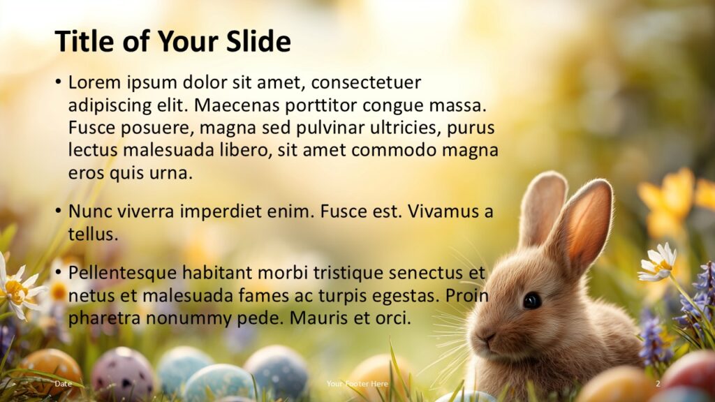 Easter Meadow Content Slide PowerPoint Google Slides Easter Meadow title and content slide for PowerPoint and Google Slides with text layout and soft blurred spring background design template