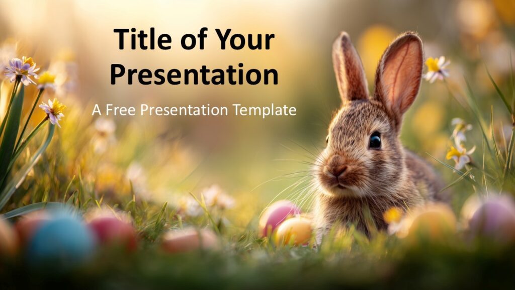 Easter Meadow Cover Slide PowerPoint Google Slides Easter Meadow cover slide for PowerPoint and Google Slides featuring bunny, flowers, and pastel spring visuals in a clean presentation template