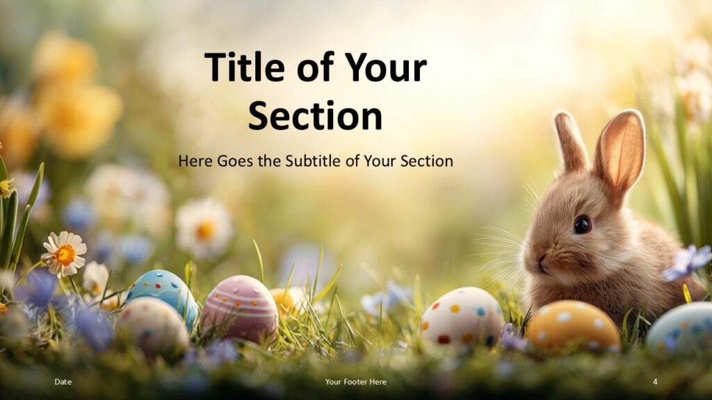 Easter Meadow Section Divider PowerPoint Google Slides Easter Meadow section divider slide for PowerPoint and Google Slides with rabbit and Easter eggs creating a clean transition layout template