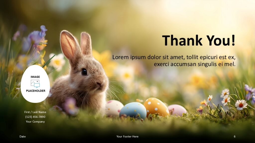 Easter Meadow Thank You Slide PowerPoint Google Slides Easter Meadow thank you slide for PowerPoint and Google Slides with contact layout, image placeholder, and warm spring themed background