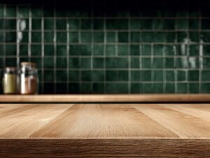 Empty wooden kitchen countertop in front of a dark green tiled wall, ideal as a food or product display background.
