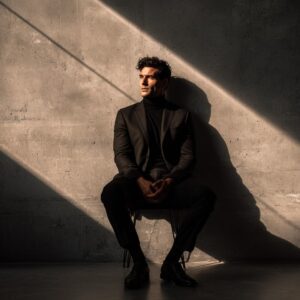 Stylish man in a dark suit seated against a concrete wall with dramatic sunlight and deep shadows.