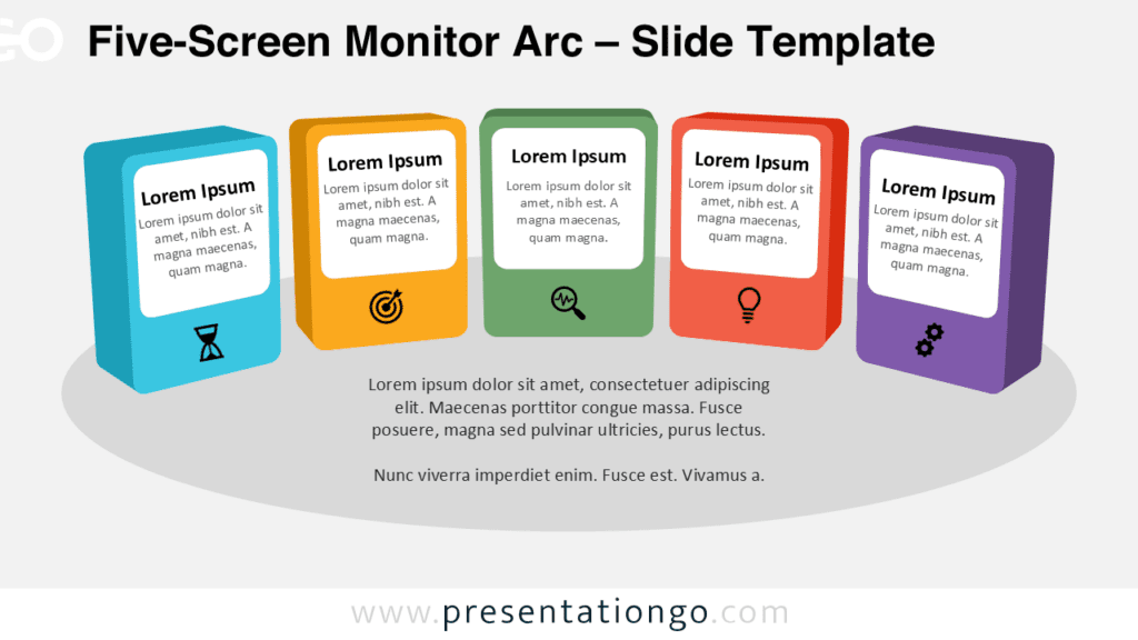 Five-Screen Monitor Arc diagram for PowerPoint and Google Slides with five 3D panels and icons for structured presentations