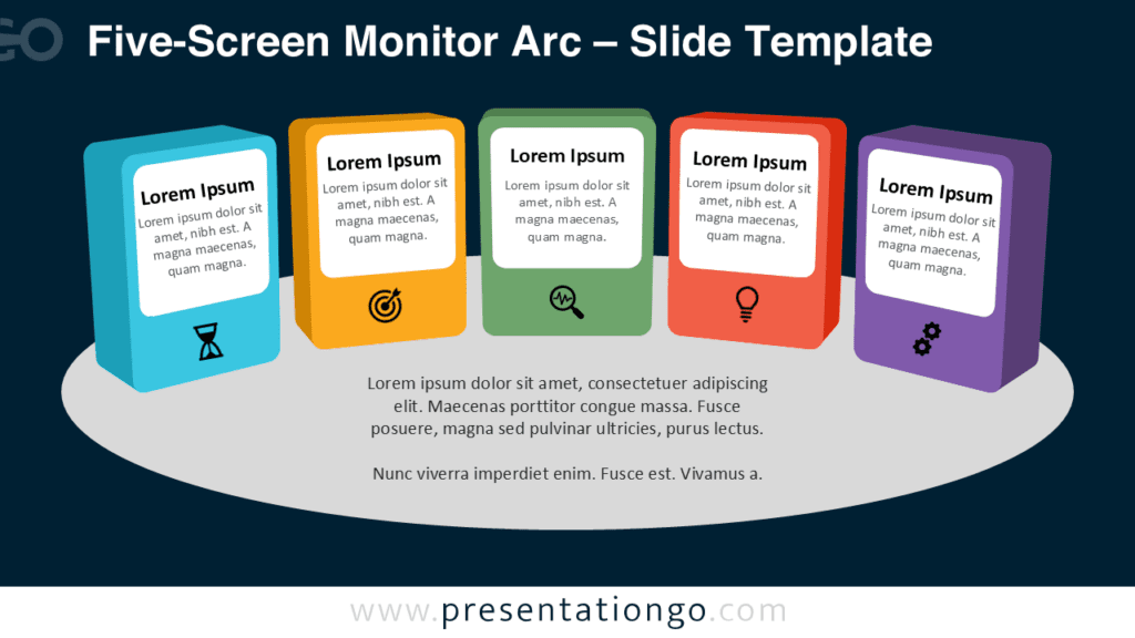 Five-Screen Monitor Arc PowerPoint Template Editable Five-Screen Monitor Arc PowerPoint and Google Slides diagram with five colorful panels and icon placeholders for workflows