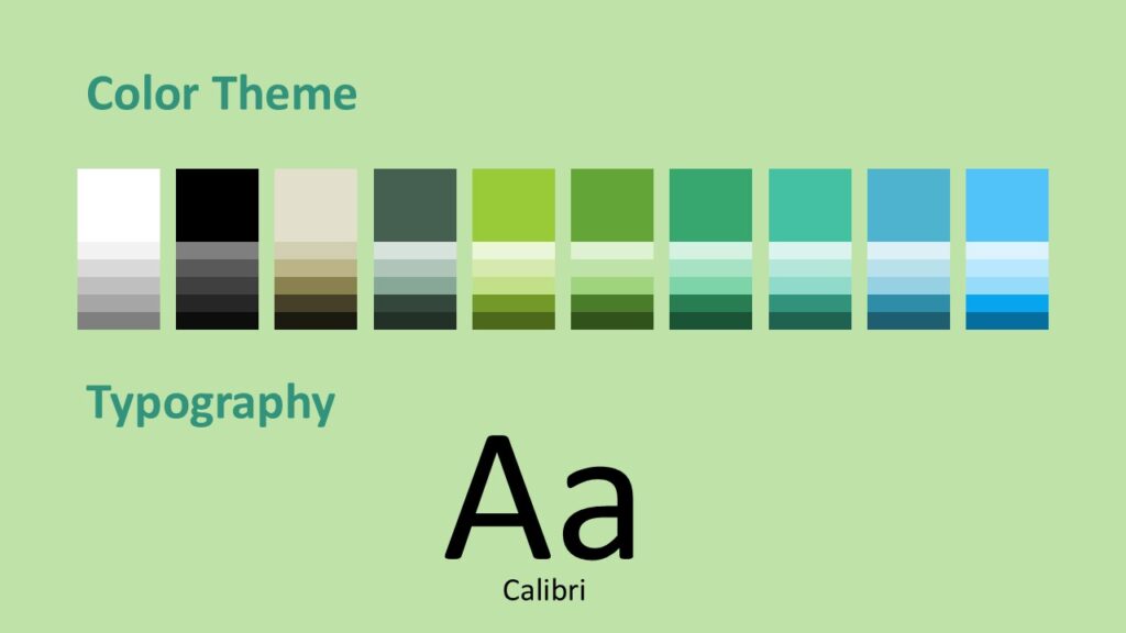 Foliage Lines Colors Fonts PowerPoint Google Slides Foliage Lines color palette and typography slide for PowerPoint and Google Slides showing green tones and clean Calibri font styling.
