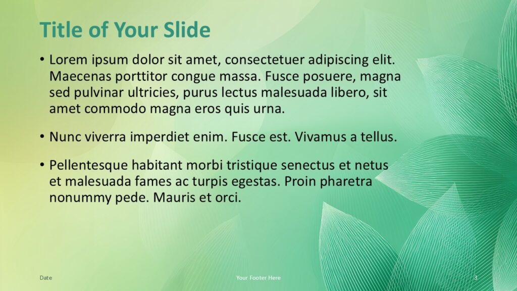 Foliage Lines Content Layout PowerPoint Google Slides Foliage Lines alternative content slide for PowerPoint and Google Slides featuring balanced text layout with soft green gradients and leaf lines.