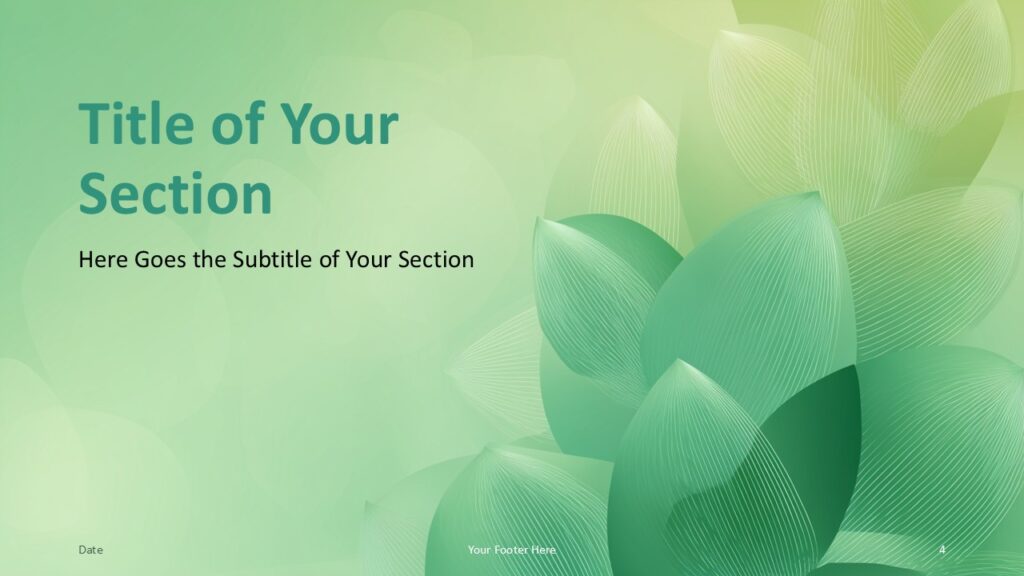 Foliage Lines Section Divider PowerPoint Google Slides Foliage Lines section divider slide for PowerPoint and Google Slides with left aligned title, soft lighting effects, and abstract leaf shapes.