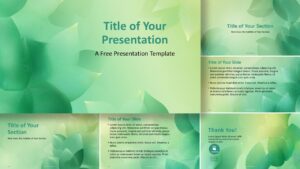 Foliage Lines presentation template for PowerPoint and Google Slides featuring all slides with green gradients and abstract leaf line design.