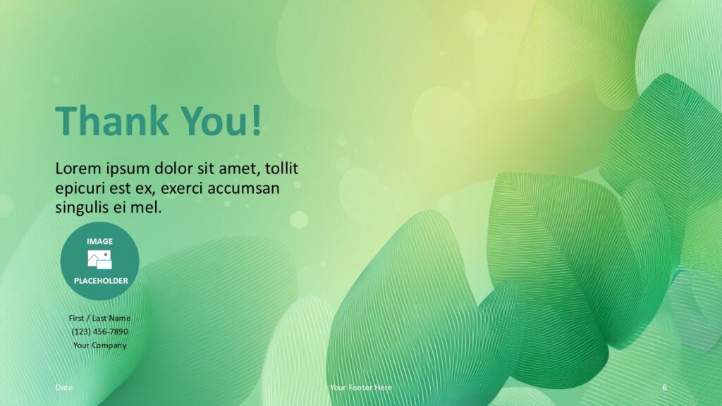Foliage Lines Thank You Slide PowerPoint Google Slides Foliage Lines thank you slide for PowerPoint and Google Slides with contact details layout, image placeholder, and soft green abstract background.