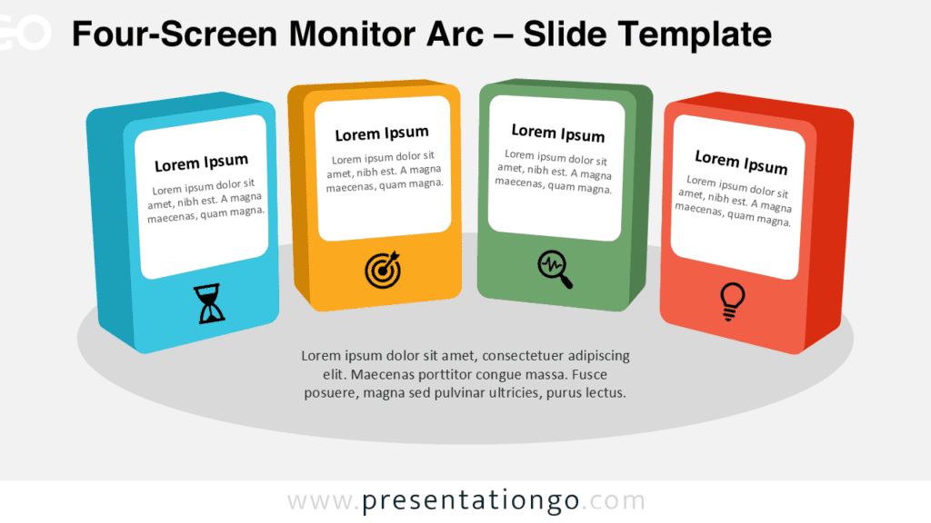 Four-Screen Monitor Arc diagram for PowerPoint and Google Slides with four 3D panels and icons for structured presentations