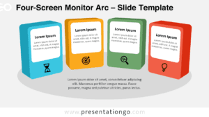 Four-Screen Monitor Arc diagram for PowerPoint and Google Slides with four 3D panels and icons for structured presentations