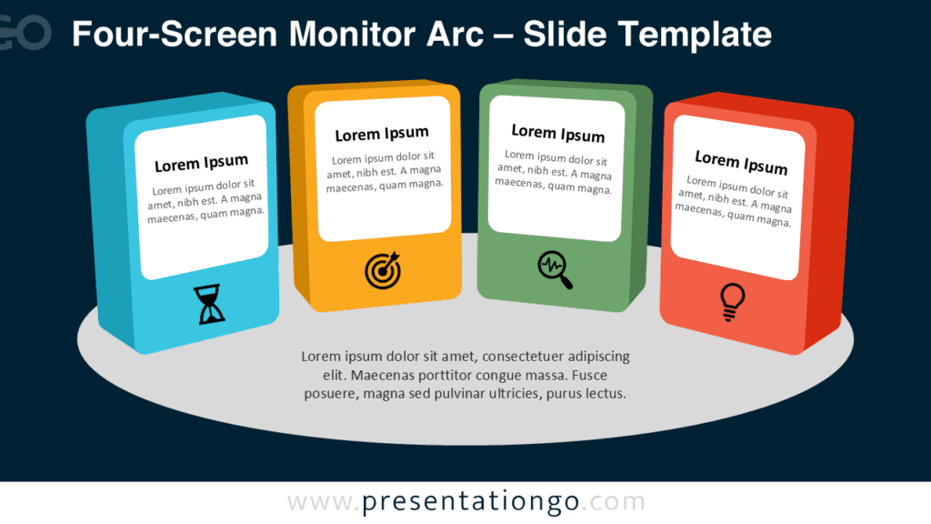 Four-Screen Monitor Arc PowerPoint Template Editable Four-Screen Monitor Arc PowerPoint and Google Slides diagram with four colorful panels and icon placeholders for workflows