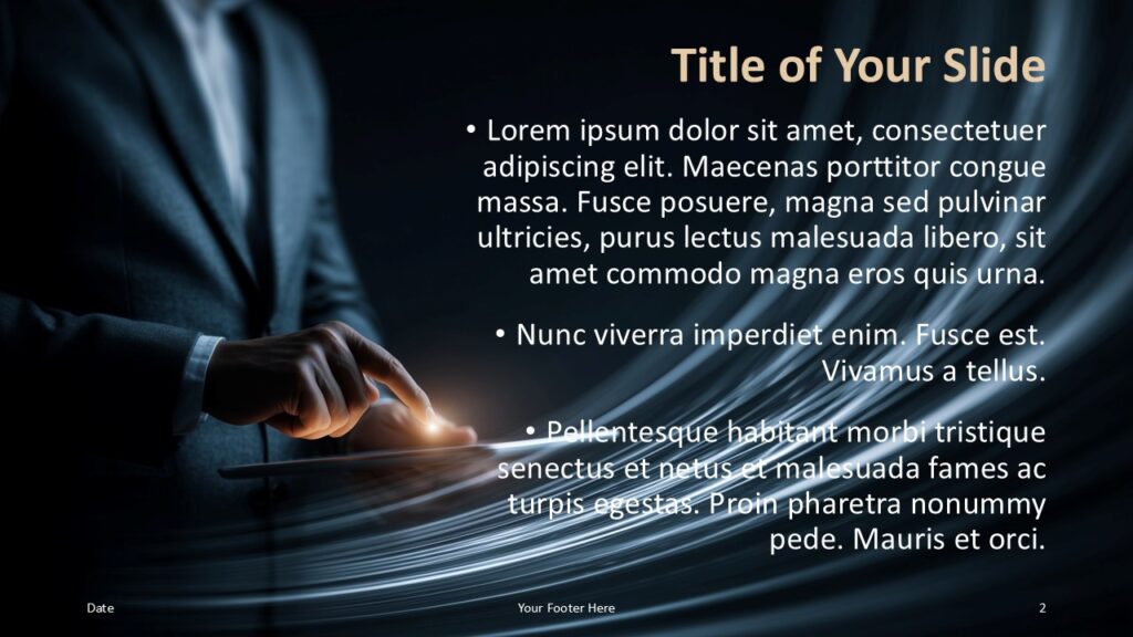 Future Touch Content Slide PowerPoint Google Slides Editable content slide for PowerPoint and Google Slides with right-aligned text layout and modern technology-inspired background design.