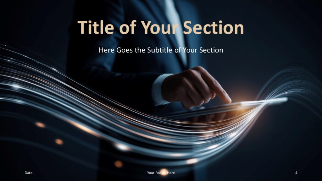 Future Touch Section Divider PowerPoint Google Slides Professional section divider slide for PowerPoint and Google Slides with centered title and sleek digital wave background design.