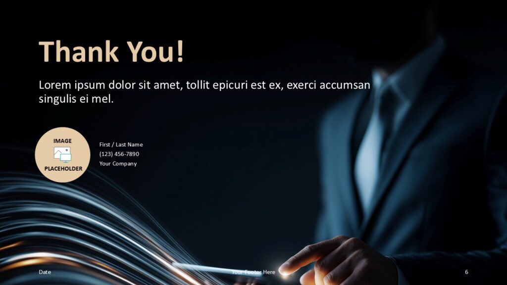 Future Touch Thank You Slide PowerPoint Google Slides Thank you slide for PowerPoint and Google Slides with contact details layout, modern dark theme, and clean professional design.