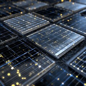 Glowing futuristic solar panels on a digital energy grid, symbolizing renewable power and smart technology.
