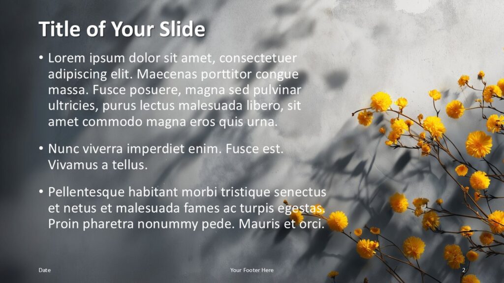 Golden Bloom Content Slide PowerPoint Google Slides Golden Bloom PowerPoint and Google Slides template slide with text on left and floral visuals on right in a clean and modern presentation layout.