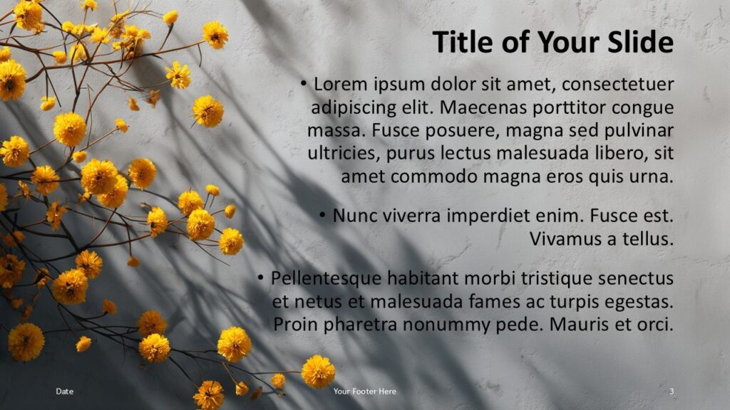Golden Bloom Content Layout PowerPoint Google Slides Golden Bloom PowerPoint and Google Slides template with text on right and floral design on left, offering a balanced and elegant slide composition.