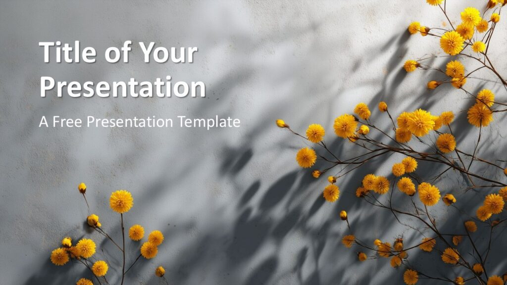Golden Bloom Cover PowerPoint Google Slides Template Golden Bloom cover slide design for PowerPoint and Google Slides with floral elements, soft shadows, and minimalist layout for presentations.
