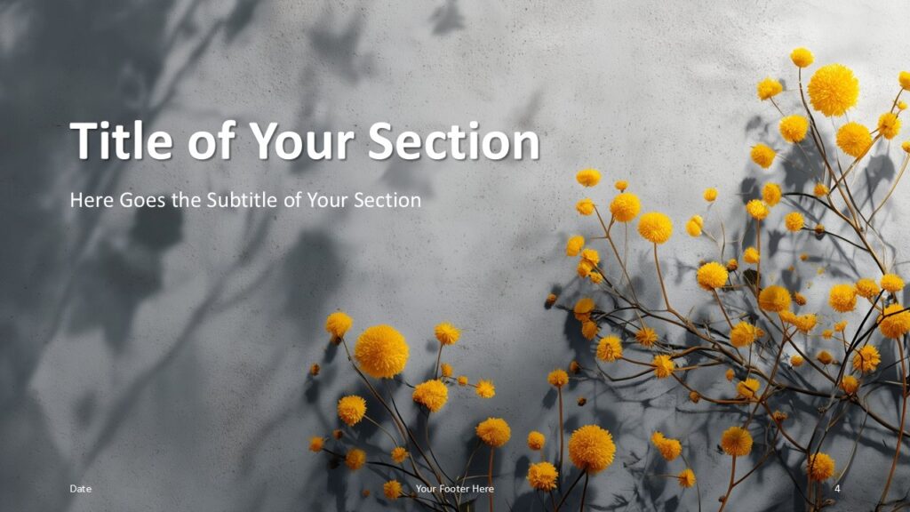 Golden Bloom Section Divider PowerPoint Google Slides Golden Bloom PowerPoint and Google Slides section divider slide with large title, subtle shadows, and floral accents for clear presentation structure.