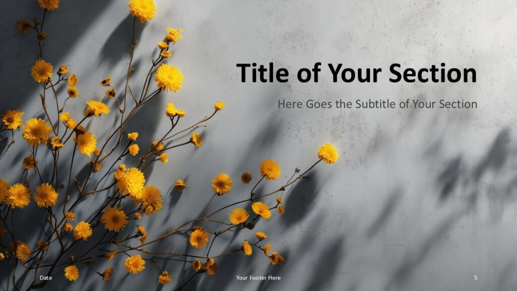 Golden Bloom Section Slide PowerPoint Google Slides Golden Bloom presentation template for PowerPoint and Google Slides with mirrored section divider layout and elegant floral design elements.