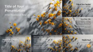 Golden Bloom presentation template for PowerPoint and Google Slides featuring elegant floral slides with clean layouts and soft shadow design.