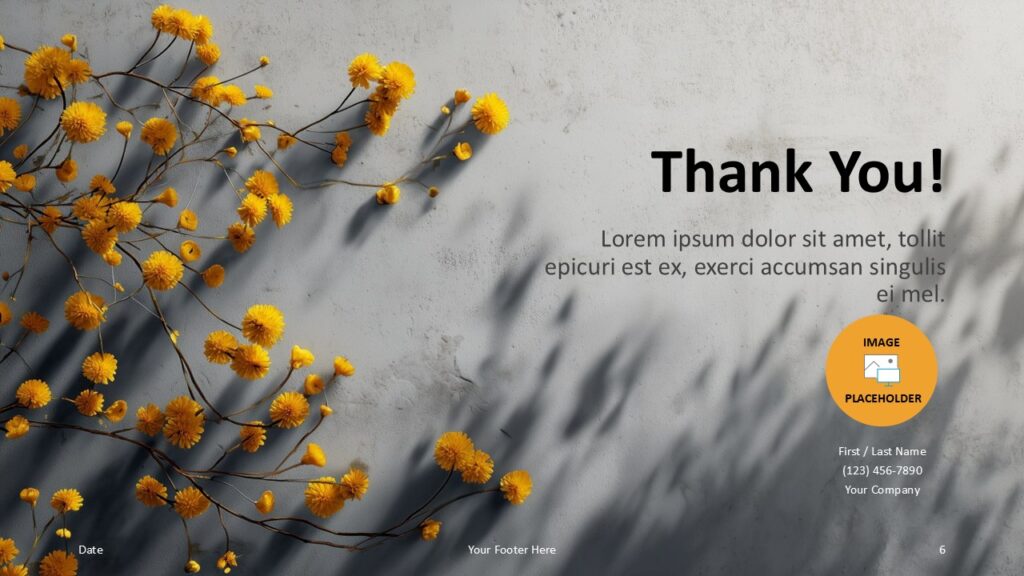 Golden Bloom Thank You PowerPoint Google Slides Golden Bloom PowerPoint and Google Slides thank you slide with contact details, image placeholder, and floral design in a clean presentation style.