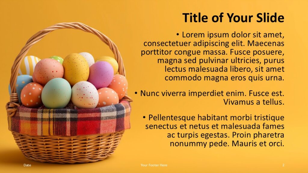 Golden Easter Eggs Content PowerPoint Google Slides Golden Easter Eggs PowerPoint and Google Slides template slide with image left, text right, and clean layout for structured content.