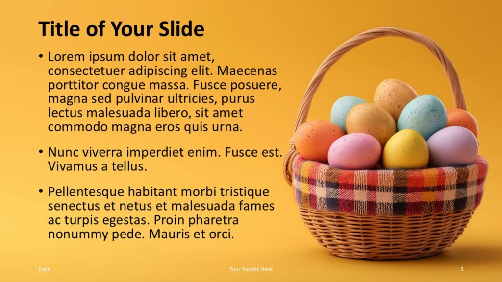 Golden Easter Eggs Slide PowerPoint Google Slides Golden Easter Eggs template for PowerPoint and Google Slides with text left, image right, and balanced layout for clear presentation.