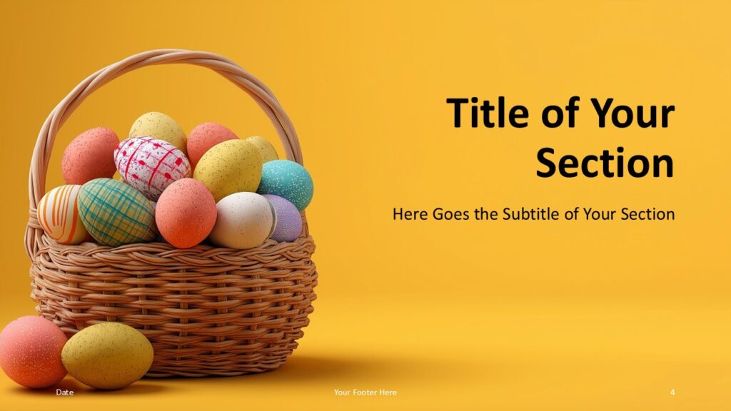 Golden Easter Eggs Section Divider PowerPoint Slides Golden Easter Eggs PowerPoint and Google Slides template section divider with large image and bold title for clear transitions.