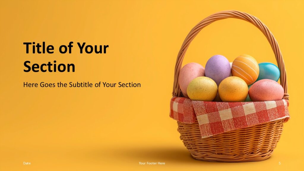 Golden Easter Eggs Section Slide PowerPoint Google Slides Golden Easter Eggs template for PowerPoint and Google Slides featuring alternate section divider with image right and title left.