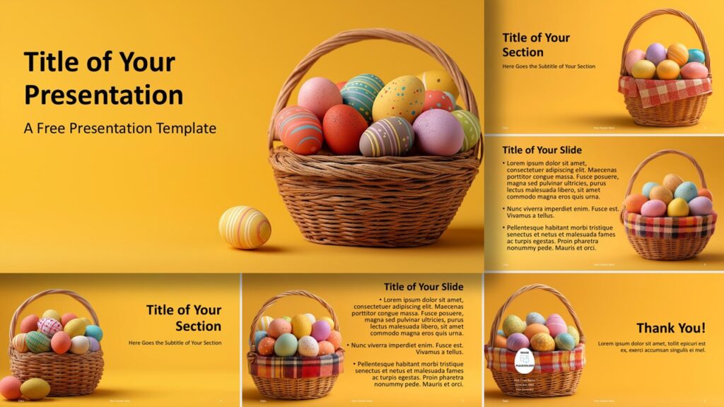 Golden Easter Eggs template for PowerPoint and Google Slides with colorful slides, festive egg visuals, and fully editable layouts.