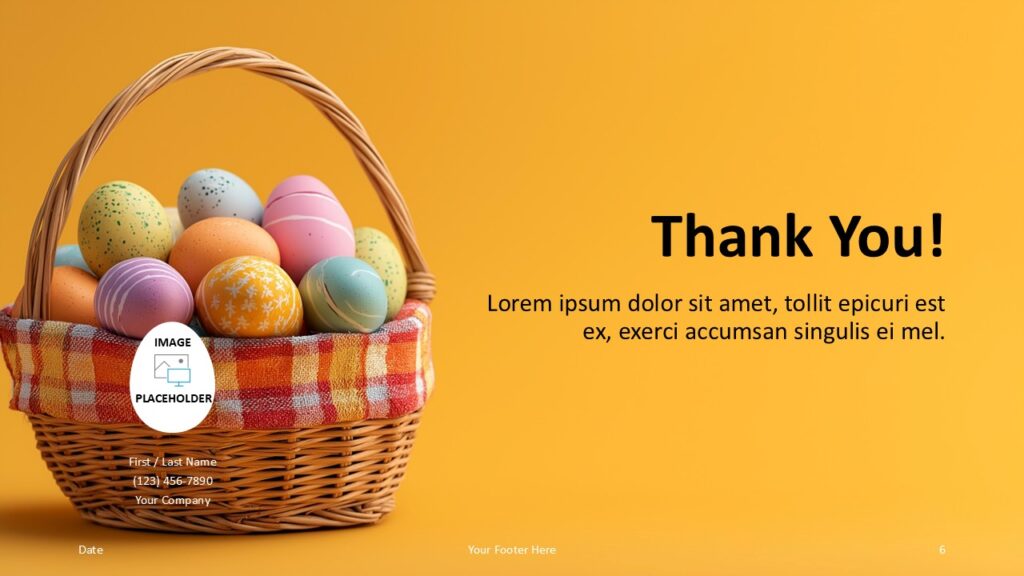 Golden Easter Eggs Thank You PowerPoint Google Slides Golden Easter Eggs PowerPoint and Google Slides template thank you slide with contact details, image placeholder, and festive design.