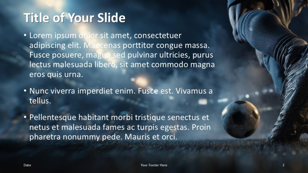 Impact Soccer PowerPoint Google Slides Content 1 Impact Soccer PowerPoint and Google Slides content slide with editable bullet points, football imagery, and clean layout.