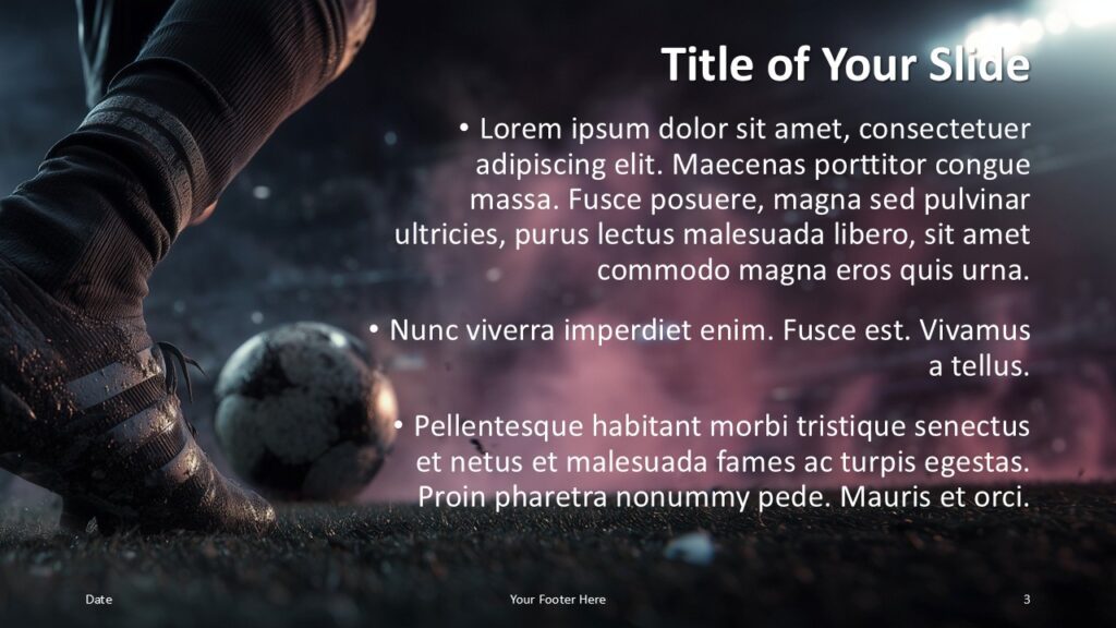 Impact Soccer PowerPoint Google Slides Content 2 Impact Soccer PowerPoint and Google Slides content slide featuring editable bullet points and football action background.